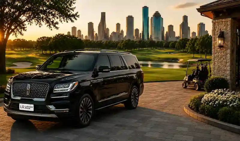Black Lincoln Navigator with Lavish Ride logo arriving at a Houston golf club for a luxury golf getaway experience.